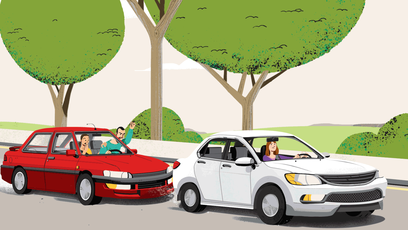 Moving graphic image of an aggressive driving following closely behind another vehicle at a fast speed.