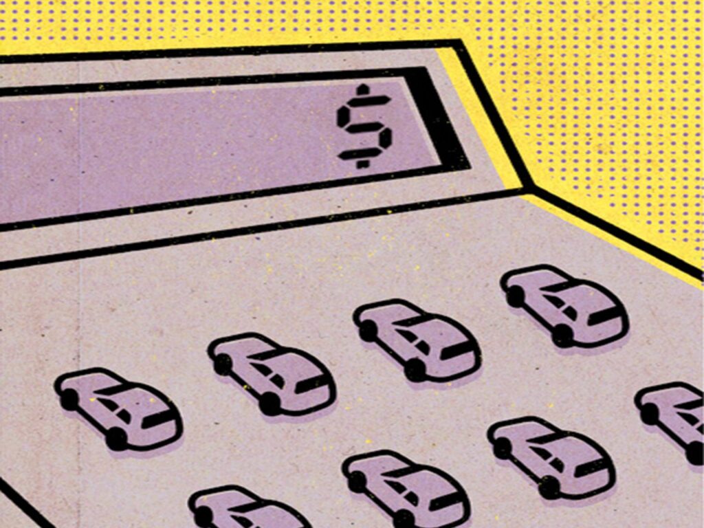 An illustration that shows cars lined up as if they are the numbers on a calculator with a dollar sign in the calculator display window.