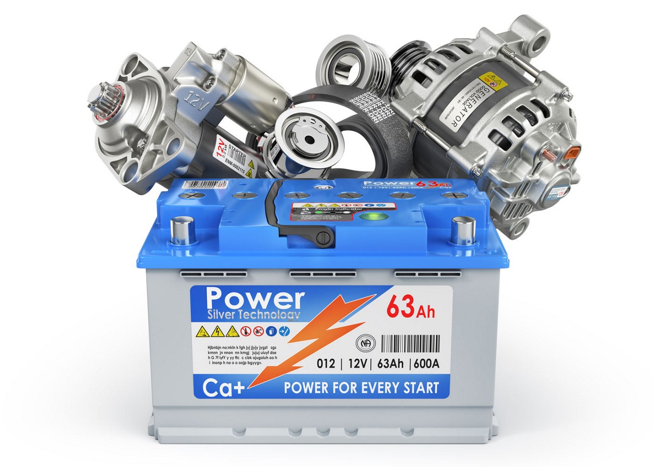 An up-close view of a battery and an alternator