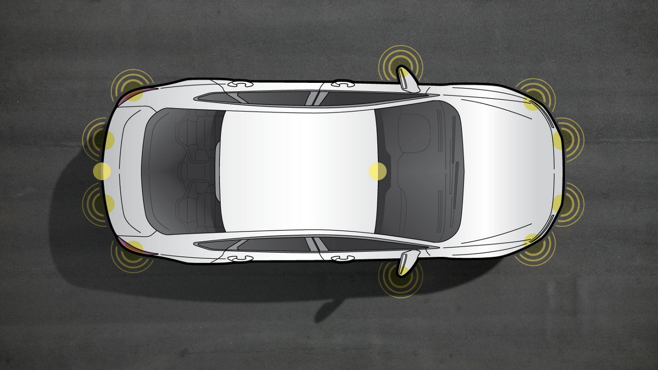 A graphic image showing the top of a car with indications of where various sensors are located.