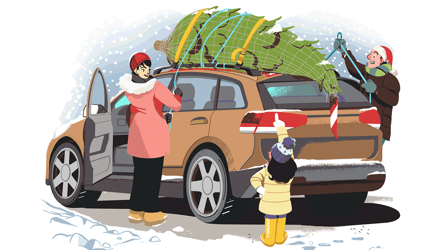 Animated illustration of a family tying down a Christmas tree on top of their car, snow is falling around them and the man's arm tugs on the rope tying down the tree