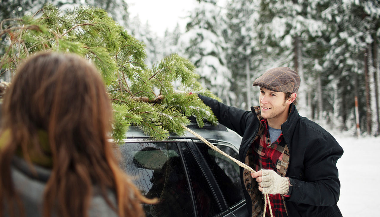 Couple tying pine tree on car roof in snow covered forest
