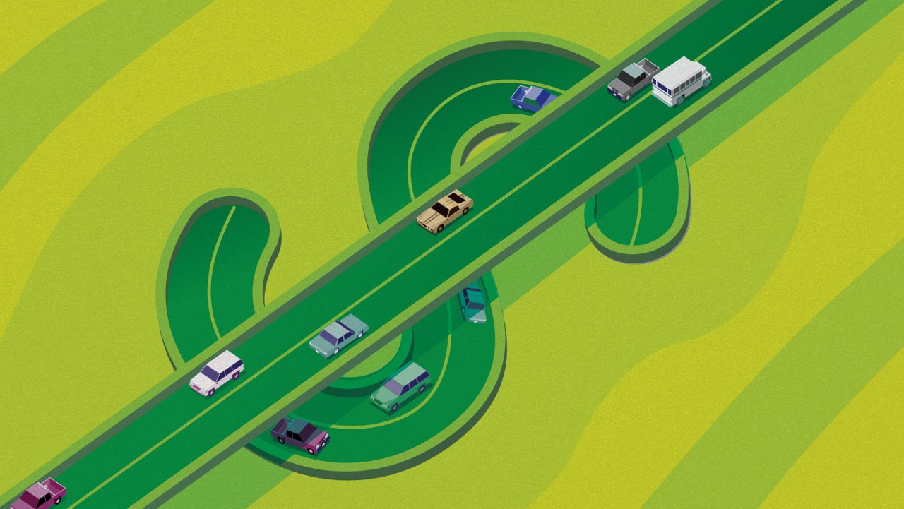 A graphic of a green highway that looks like a dollar sign with cars driving back and forth.