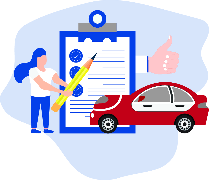 A graphic of a woman working on a checklist with a car in the foreground.