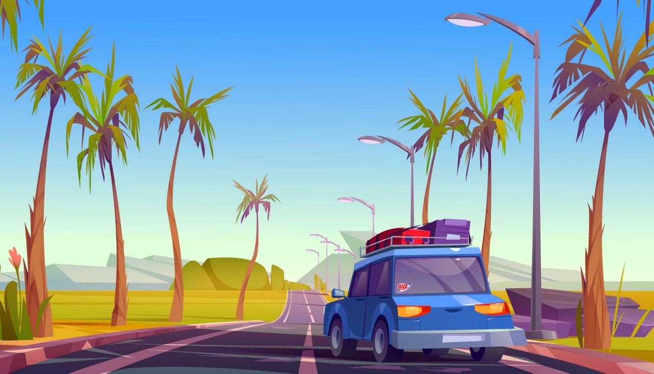 A graphic of a station wagon with a luggage rack on the roof driving down a palm lined road.