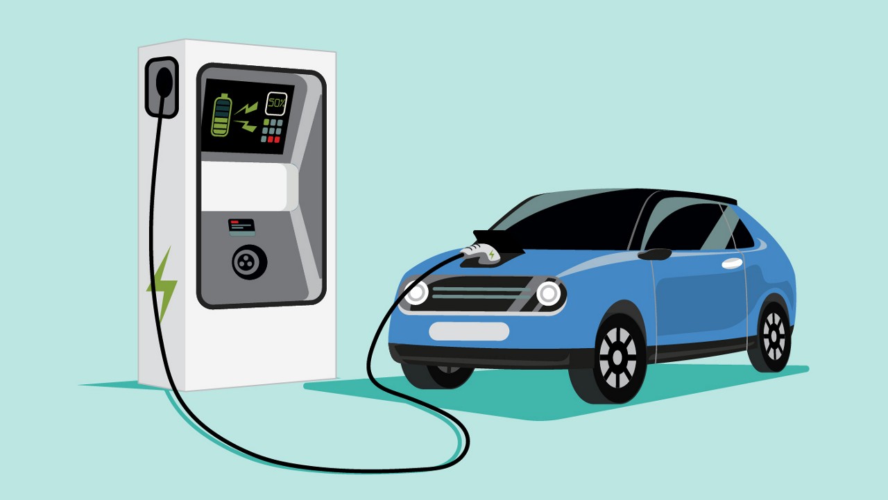 A graphic of an EV being charged at an EV charging station.