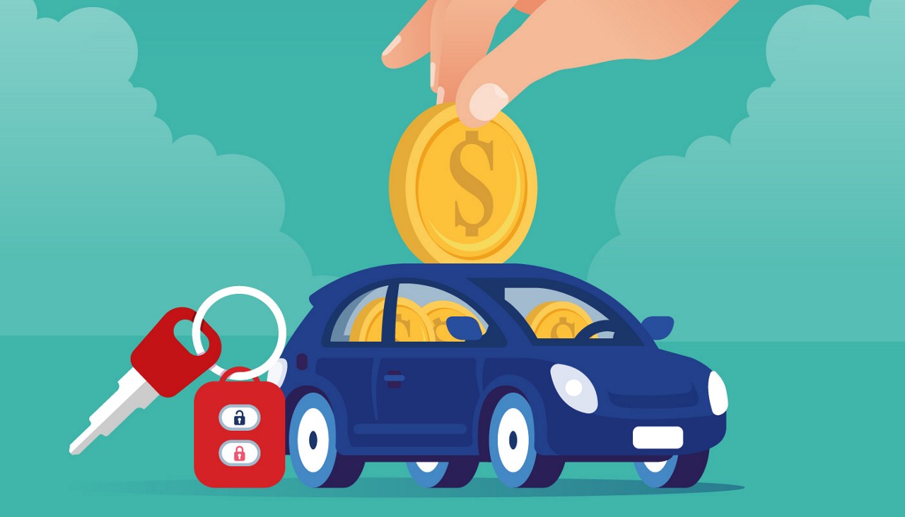 Illustration of a person putting coins into the top of car in order to save for buying it.