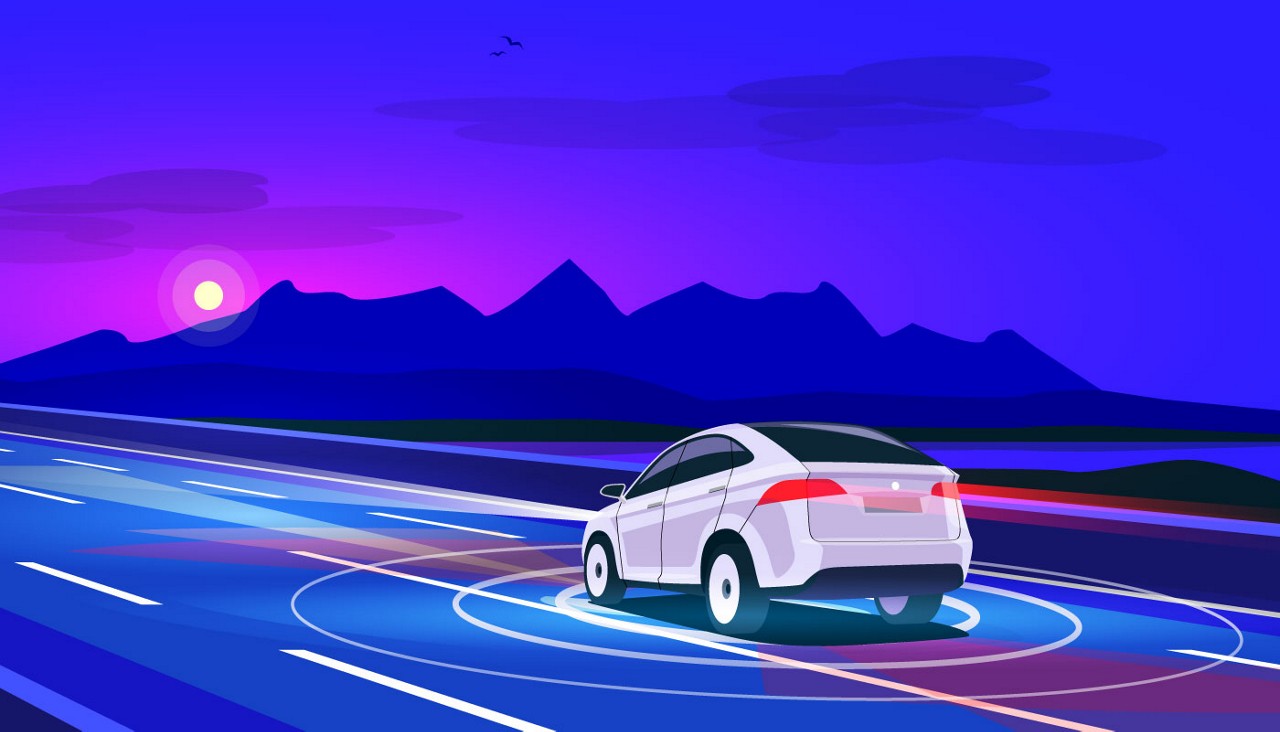 Illustration of an autonomous vehicle moving down a lonely road.