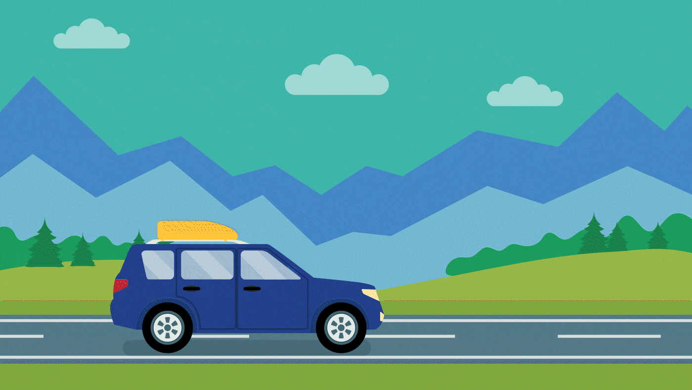 A gif of a car traveling on a road with mountains and pastures passing by