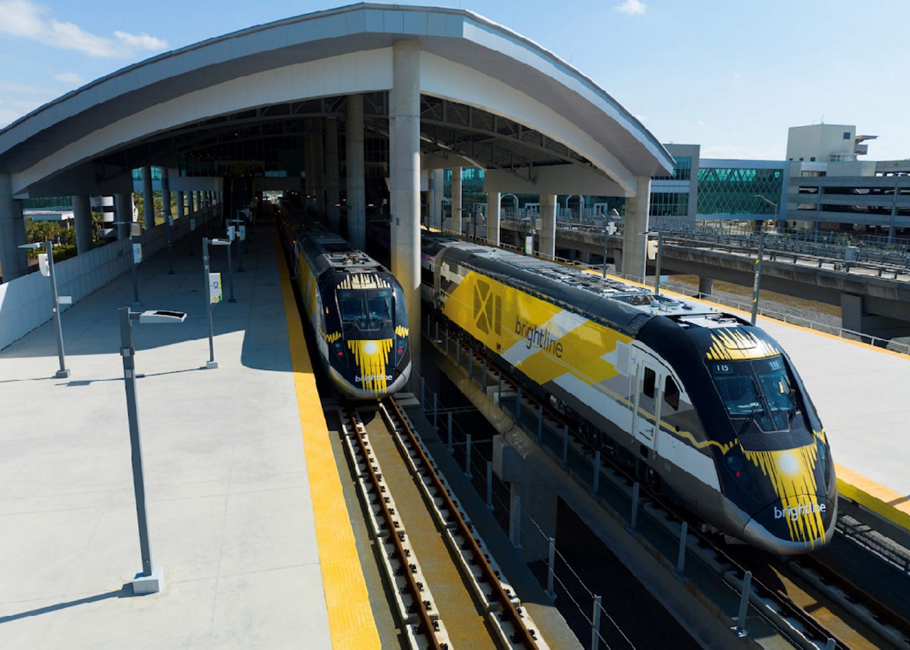 Brightline train at major stop