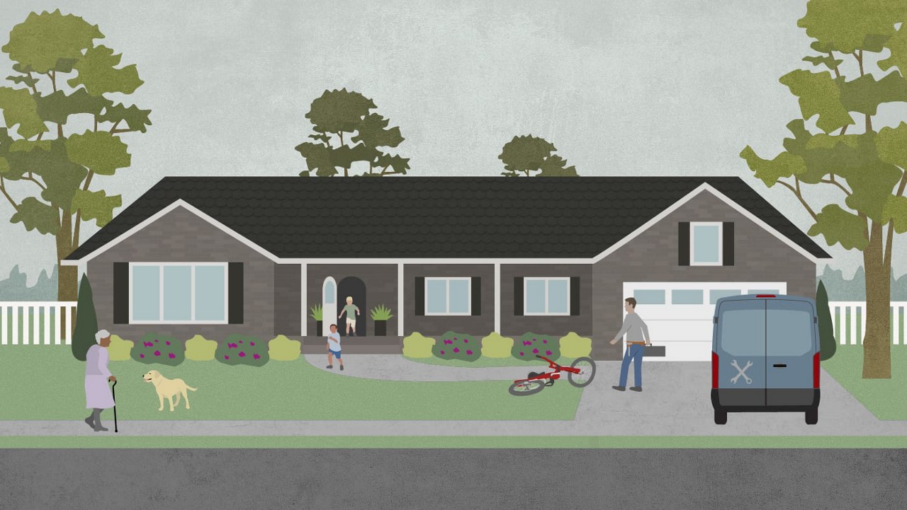 A graphic image of a family at home with a car in the driveway and a dog in the yard