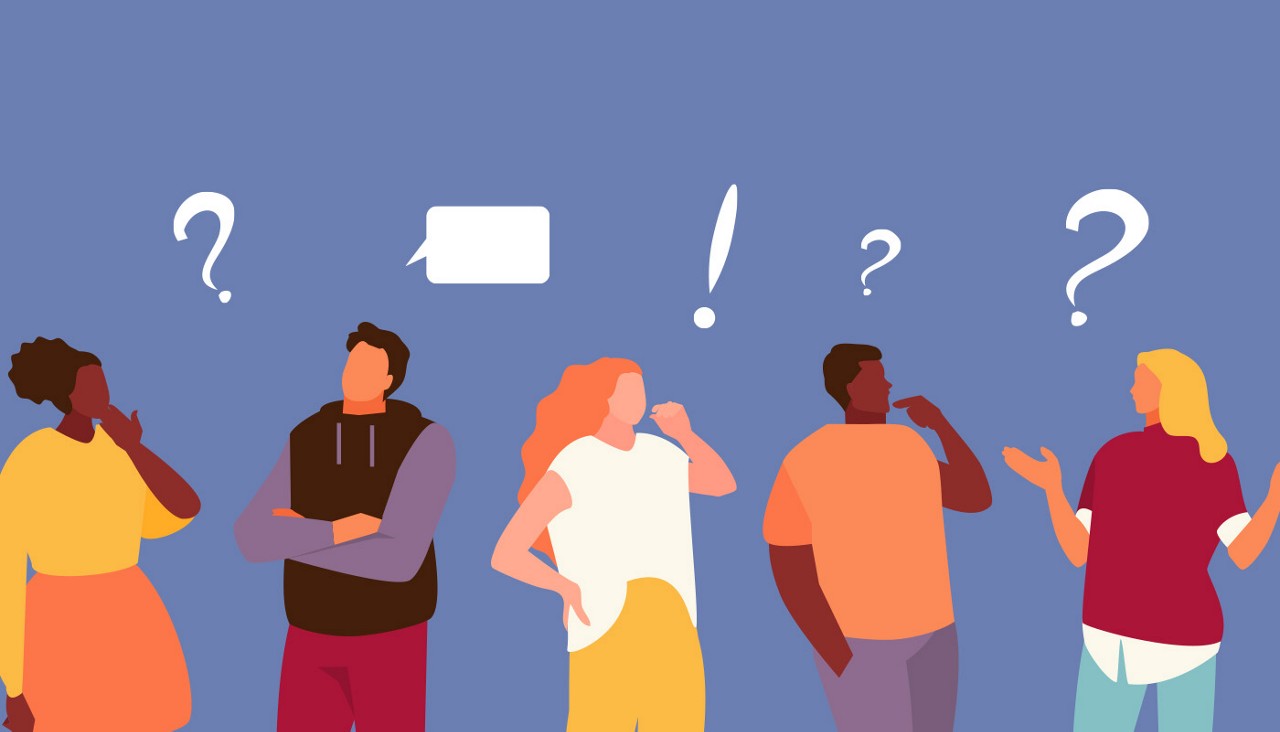 A graphic image of a group of people with question marks and thought bubbles above their heads.