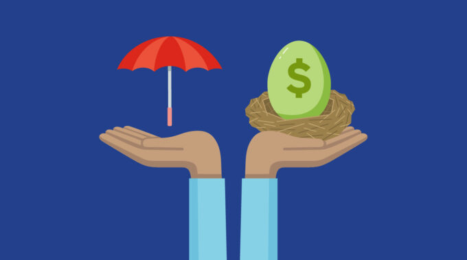 An infographic of a pair of hands, one holding a nest egg and the other an umbrella