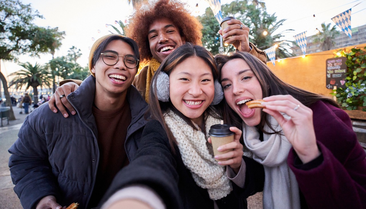 Generation z tourist group of happy people having fun