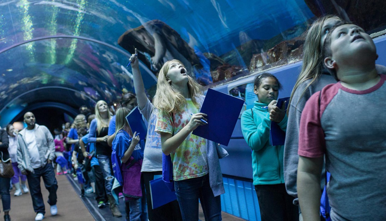 Children looking up at marine life while touring Georgia Aquarium