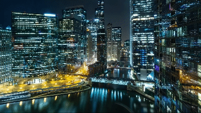 Video time lapse of the many high rise buildings along the Chicago river at night
