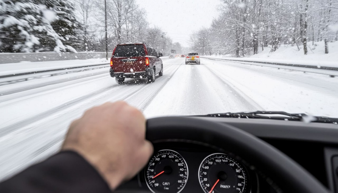 A driver's perspective of a snowy road with multiple vehicles driving in winter conditions