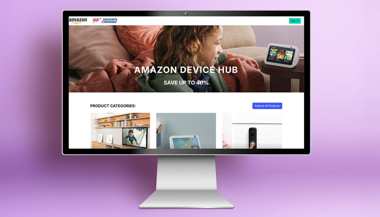 Amazon Device Hub page shown on large monitor