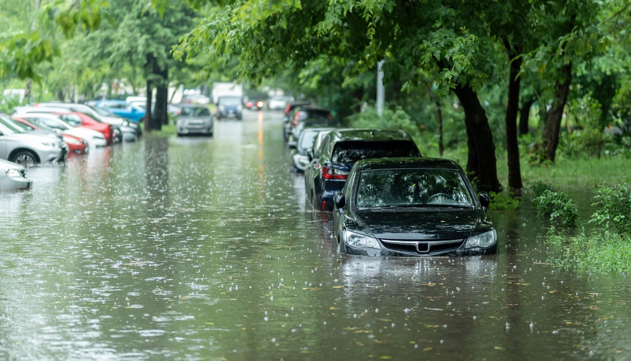 Flooded city street with parked cars submerged to top of tires