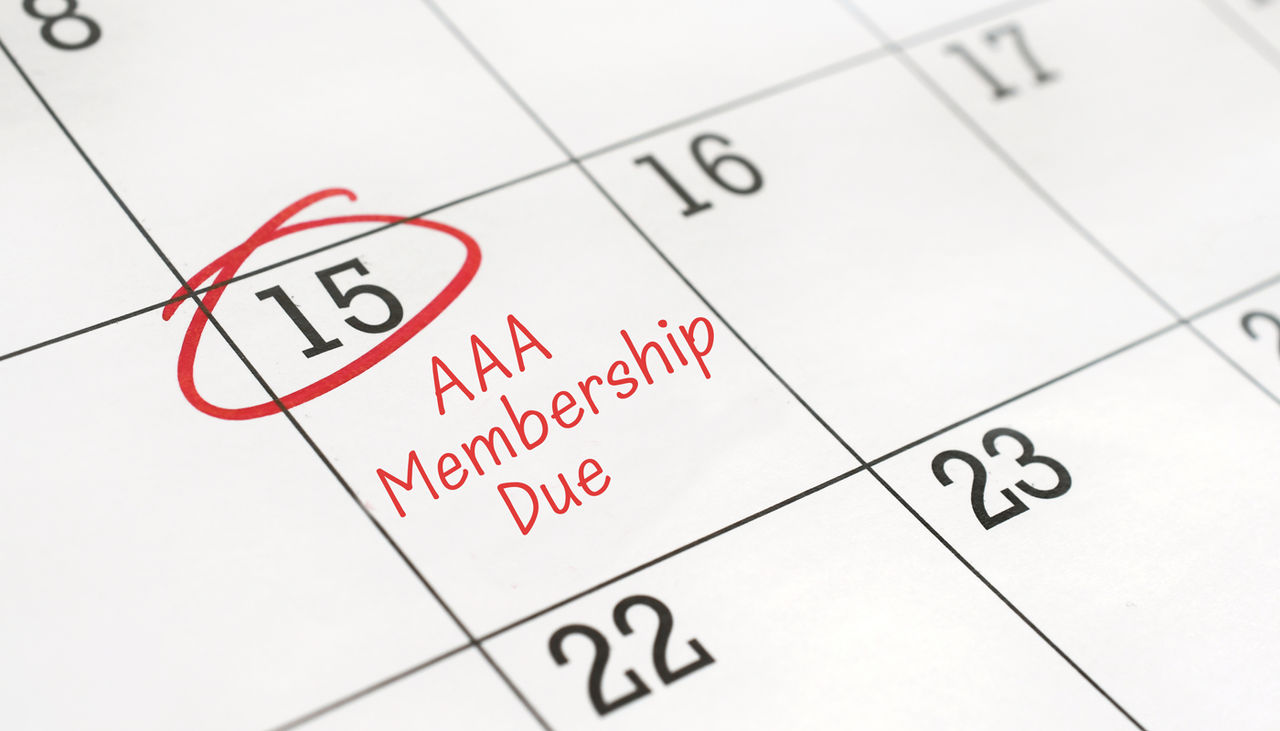 Calendar with the 15th of the month circled with AAA Membership due written on it