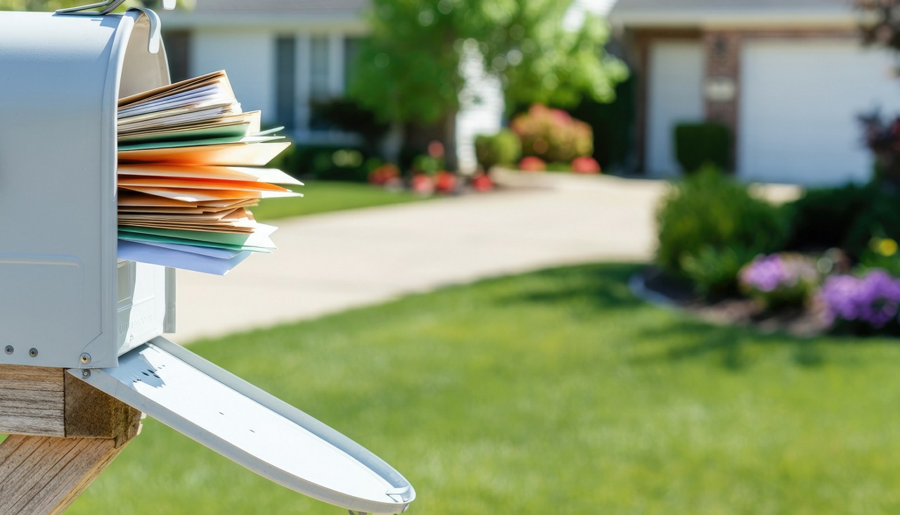 Mailbox overflowing with colorful letters in suburban area