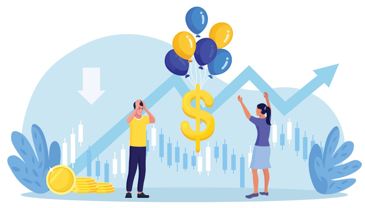 Illustration showing air balloons tied to dollar sign rising up as man and woman watch.
