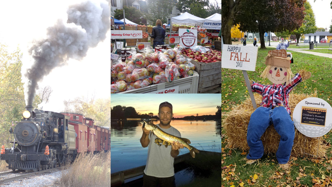 A photo of a steam locomotive blowing smoke out the smokestack pulling train cars, photo of a man standing on a dock holding a large fish, photo of stands selling apples at an apple festival, photo of a scarecrow sitting on a hay bale.