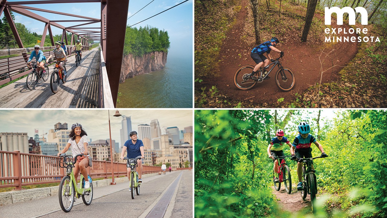 Four photos of people on bikes on trails in cities in Minnesota.