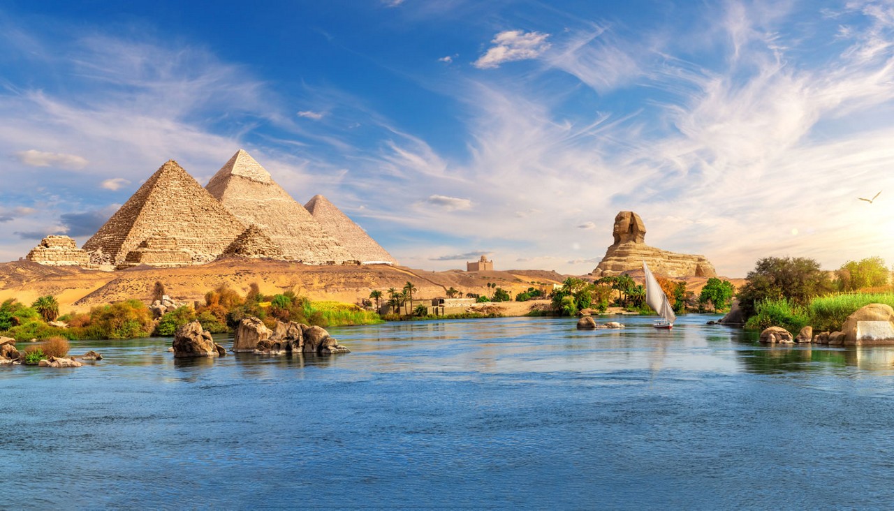 Amazing Aswan landscape on the way to The Great Sphinx and Pyramids of Egypt